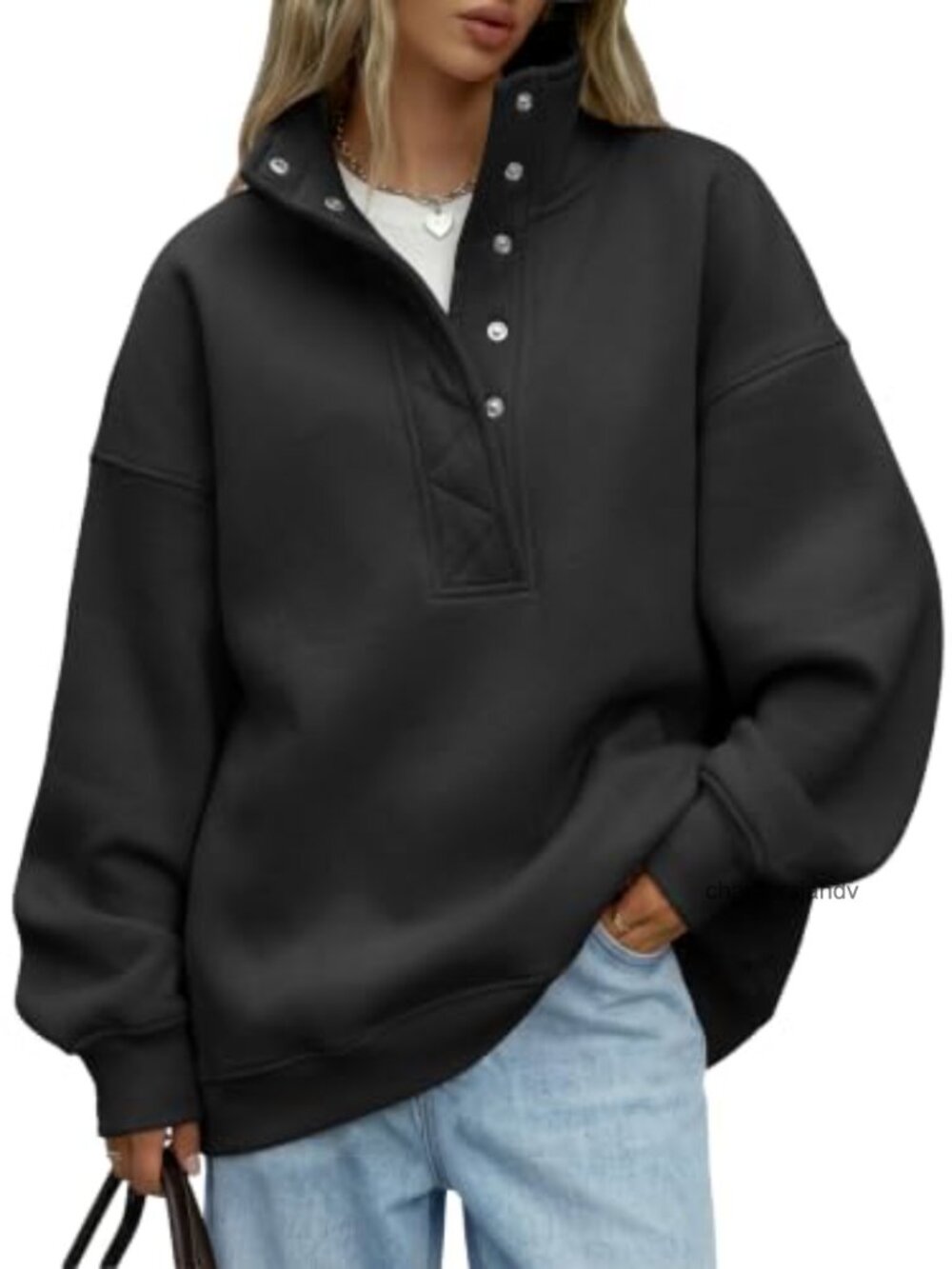 Oversized Henley Snap Collar Sweatshirt Drop Shoulder Pullover